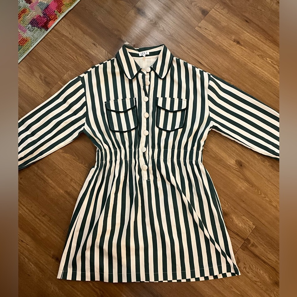 Green and White Vertical Stripe Button-Front Dress